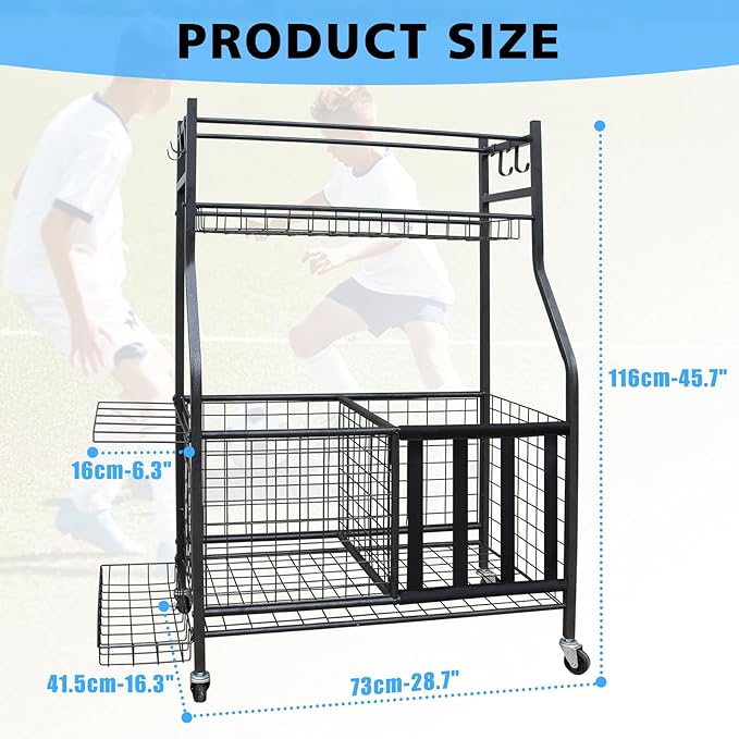 Garage Sports Equipment Organizer, Large Capacity Garage Organizer System with Wheels, with Hooks and Baskets, for Ball Storage,Football,Soccer Ball,Bat, Toys