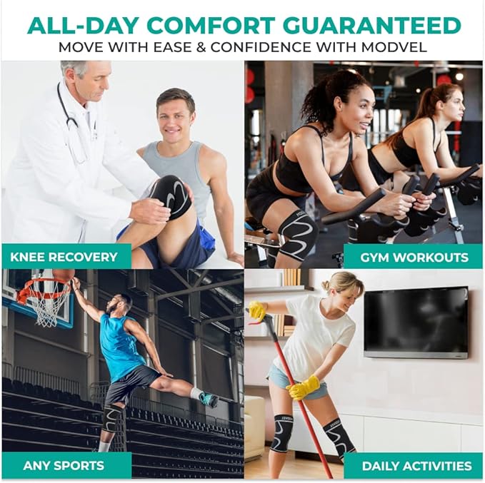 Modvel 2 Pack Knee Brace for Women & Men - Workout Knees Compression Sleeve for Knee Pain Relief Joint Support for ACL, Arthritis, Meniscus Tear Knees Brace for Sports, Rodilleras para Gym Fitness
