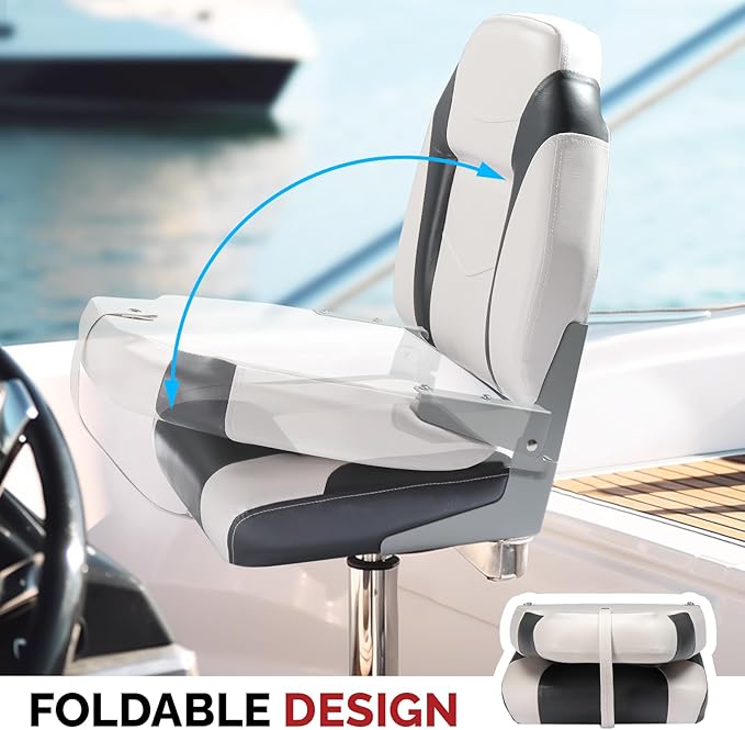 PEXMOR Boat Seats Low/High Back, Folding Boat Seat Included, Fold-Down Fishing Boat Seats Waterproof Captain Boat Seat w/Aluminum Hinges & Thick Soft Cushion, 2 Packs (High Back-Grey & White)