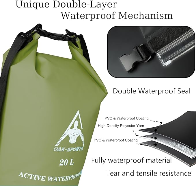Oak-Sports Dry Bag Waterproof Backpack 5L/10L/20L, Roll Top Lightweight Beach Bag with Double Zipper Seal for Swimming, Kayaking, Hiking, Boating, Adjustable Shoulder Strap