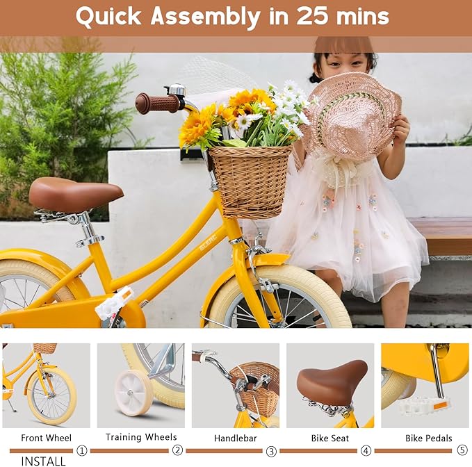 Glerc Little Molly 12-20 Inch Kids Retro Cruiser Bike for 2-13 Year Old with Wicker Basket & Training Wheels/Kickstand, Multiple Colors