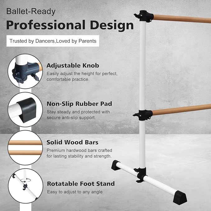 4FT/6FT Freestanding Ballet Barre Wood/Steel Height Adjustable from 7 to 46 inch Ballet Bar Portable Double Dance Bar for Home Workout and Stretch