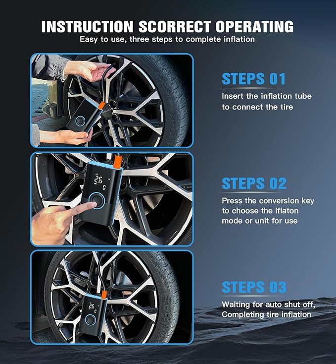 Tire Inflator Portable Air Compressor Portable Cordless Mini Air Pump with Digital Pressure Gauge Inflater 150PSI Fast Inflation and Auto Shutoff Function Tires Pump for Cars Motorcycles Bikes (Blue)