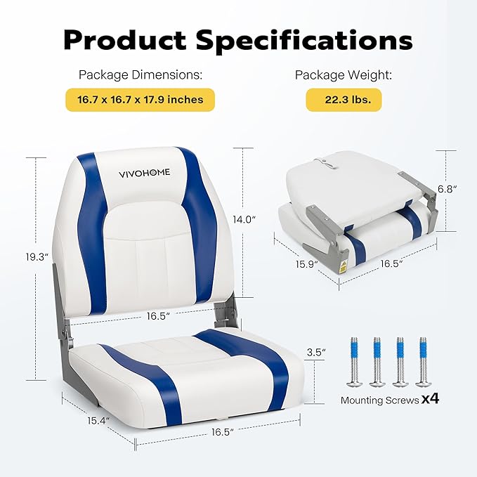 VIVOHOME Folding Low Back Boat Seats 2 Pack, Waterproof Boat Captain Chairs, 4 Mounting Screws Included, White and Blue