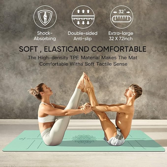Yoga Mat Non Slip TPE Thick Yoga Mat with Alignment Mark, Large Size 72"L x 32"W x 0.32"Th or 0.24"Th, Anti-Tear Exercise & Fitness Mat for Yoga, Pilates & Floor Workouts