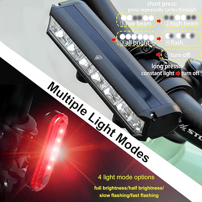 Bright Bike Light Set for Night Riding, LED Bicycle Light High Beam Low Beam, USB-C Rechargeable Bicycle Headlight Set, Waterproof Bike Headlight and Taillight for Adult Kid Mountain