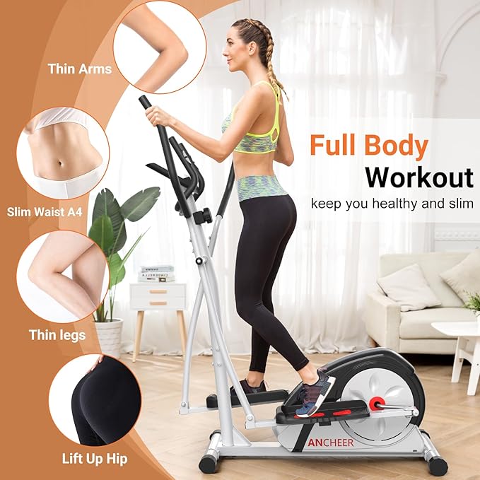 ANCHEER Elliptical Exercise Machine, Ultra-Silent Magnetic Elliptical Training Machines for Home Gym, 8 Resistance Levels Control with Pulse Rate Grips, LCD Monitor Max Capacity 380Lbs