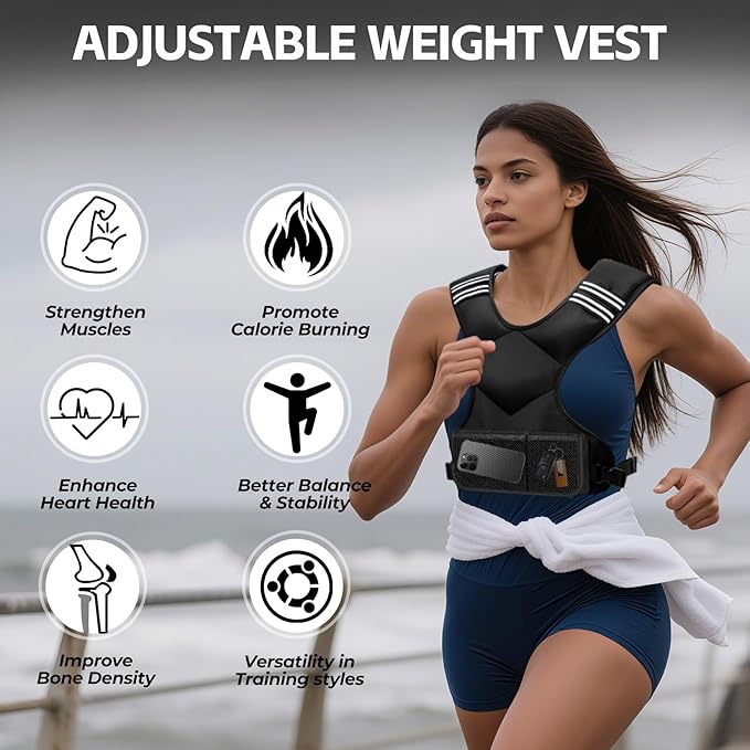 Adjustable Weighted Vest, 4-10lb Vest with 6 Ironsand Weights and Large Pocket, Weight Vest for Men Women Strength Training, Running, Walking