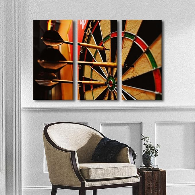 TUMOVO 3 Pieces Modern Home Decoration Inspirational Wall Art, Dart Hits the Bullseye Picture Sports Theme Painting Print on Canvas Contemporary Artwork Stretched Wood Frame Ready to Hang(24" Wx36 H)