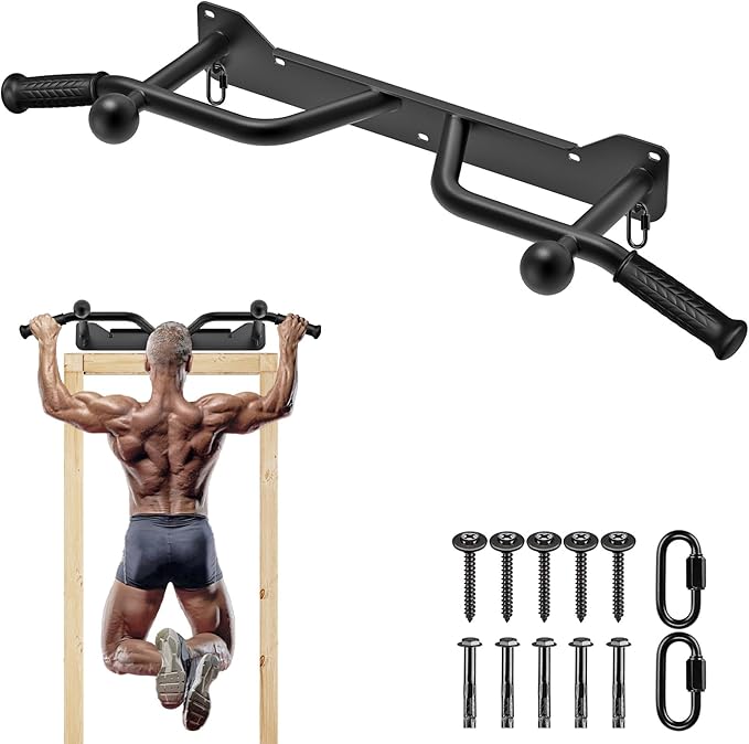 SELEWARE Heavy Duty Wall Mounted Doorway Pull Up Bar Multifunctional Joist Mount Chin Up Bar with Resistance Band Hooks & Ball Finger Training, Fully Welded Steel Construction Support to 600LBS