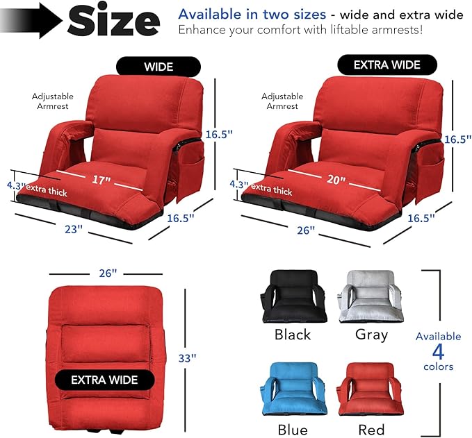 Extra Wide Stadium Seats With Back Support 2 Pack, Exclusive "Sofa Style" Design Thick Bleacher Chairs With Back and Cushion, 6 Reclining Positions - Ultimate Comfort for Sports Events (Red, 25")
