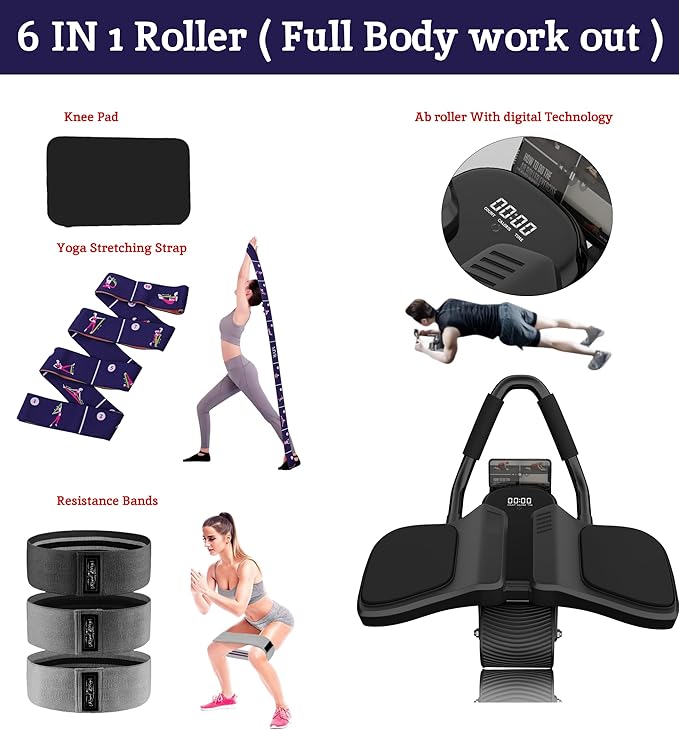 2024 First Ever Calorie Counting Ab Roller High-Performance Abdominal Exercise Machine with Automatic Rebound, Multi-layered Anti-Slip Design & Versatile Exercise Bands
