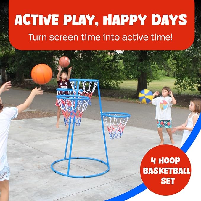 Activejoy- 4 Hoop Basketball Set - Toddler Basketball Hoop Indoor - Outdoor Play Preschool - +3 Years Old Toy. Includes 2 Balls and air Pump