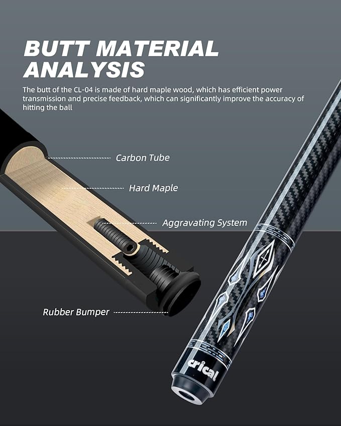 CRICAL Carbon Fiber Pool Cue Stick 58" Billiard Cue Sticks Professional Low Deflection Pool Sticks with 3/8 * 8 Pin Joint and 12.5mm Tip