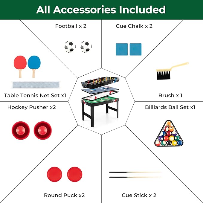 Goplus 4-in-1 Combination Game Table, 49'' Multi Game with Soccer, Air Hockey, Billiards, Pingpong Tabletop, Foosball, Pool Table for Home, Family Night, Adult Kids Gifts
