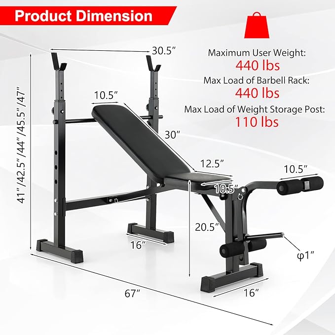 Goplus Adjustable Olympic Weight Bench Barbell Rack Set, Foldable Workout Bench Press Set with Leg Developer, Squat Rack, Home Gym Flat Incline Decline Weight Lifting Strength Training