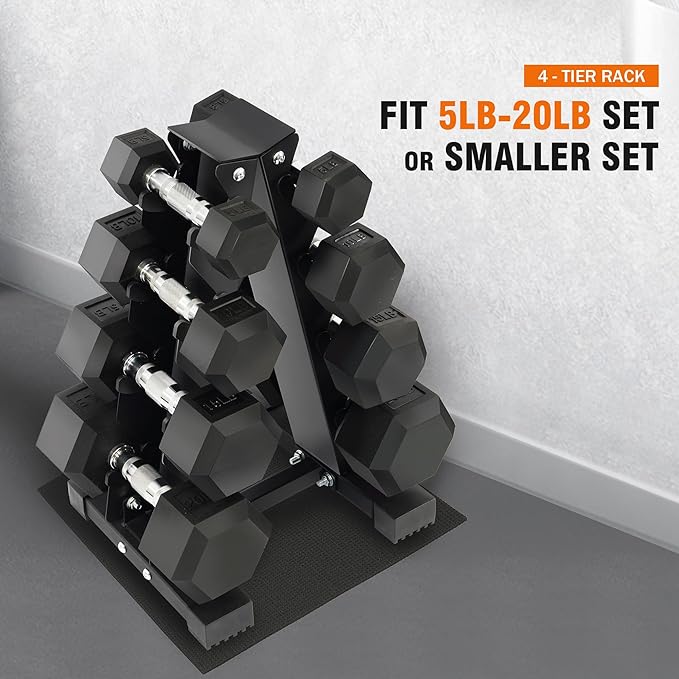 Rubber Coated Hex Dumbbell Weight Sets and Storage Rack, 100LBS Set or 150LBS Set, 5-20 lbs Pairs or 5-25 lbs Pairs