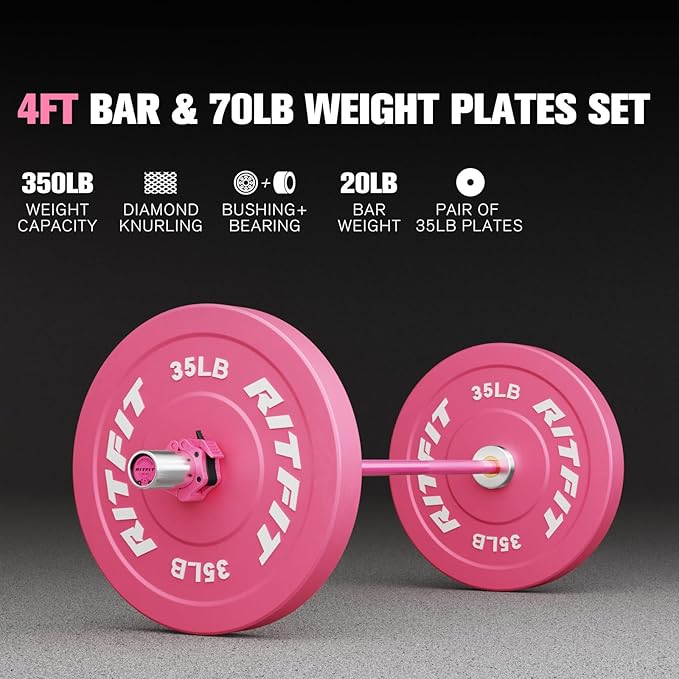RITFIT Pink Weight Plates, 2 Inch Olympic Barbell Weight Plate, Bumper Plates With Steel Insert, Pink Weights for Gym and Home
