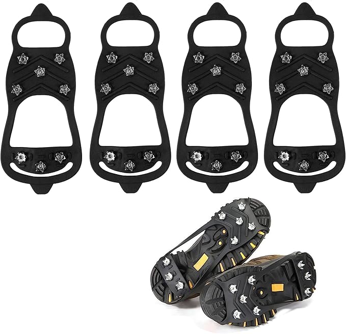 EROCK 2PCS Ice Cleats Snow Traction for Shoes and Boots, Ice Grips Traction Rubber Crampons, 8 Studs Non-Slip Overshoe Spikes Crampons Slip-on Stretch Footwear Winter Hiking Climbing Ice Fishing