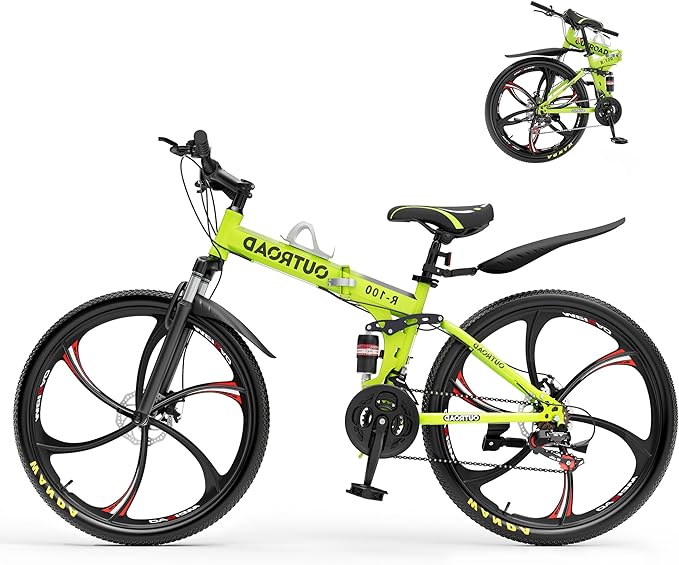 Betterland 26 Inch Folding Mountain Bike, 21 Speeds Full Suspension Foldable Bikes, Dual Disc Brake, High Carbon Steel Frame and Non-Slip Quick Release tire Bicycle for Adult
