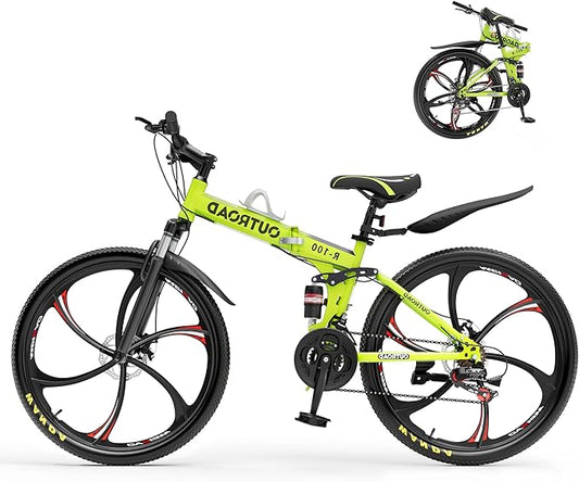 Betterland 26 Inch Folding Mountain Bike, 21 Speeds Full Suspension Foldable Bikes, Dual Disc Brake, High Carbon Steel Frame and Non-Slip Quick Release tire Bicycle for Adult