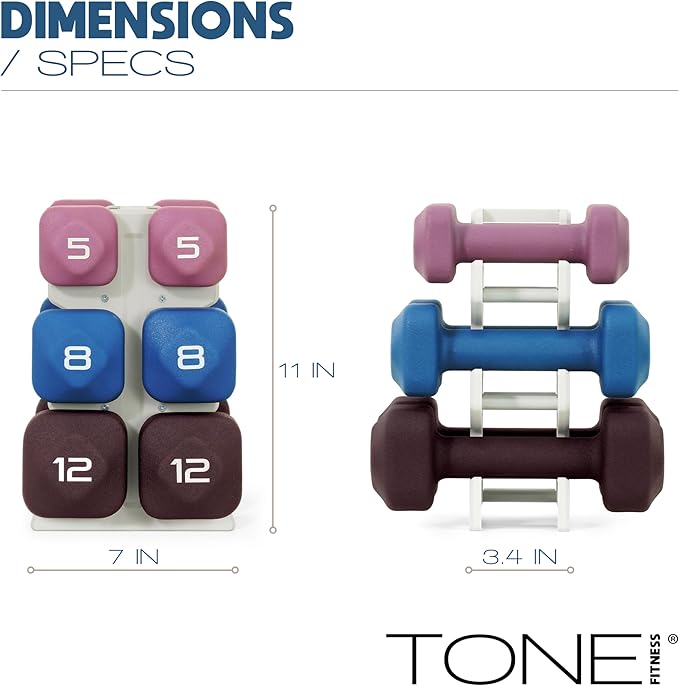 Tone Fitness Neoprene Dumbbell Set with Storage Rack – Non-Slip, Anti-Roll Hand Weights for Home Gym Workouts | 20 lb, 32 lb, & 50 lb Options