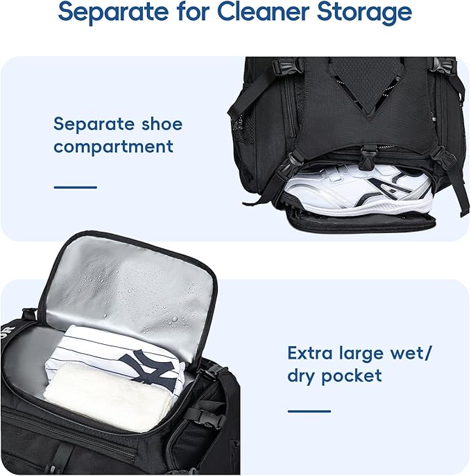 Baseball Bag for Youth and Adult, Softball Backpack 50L Large Capacity, Equipment Backpack with Laptop Compartment and Charge Port