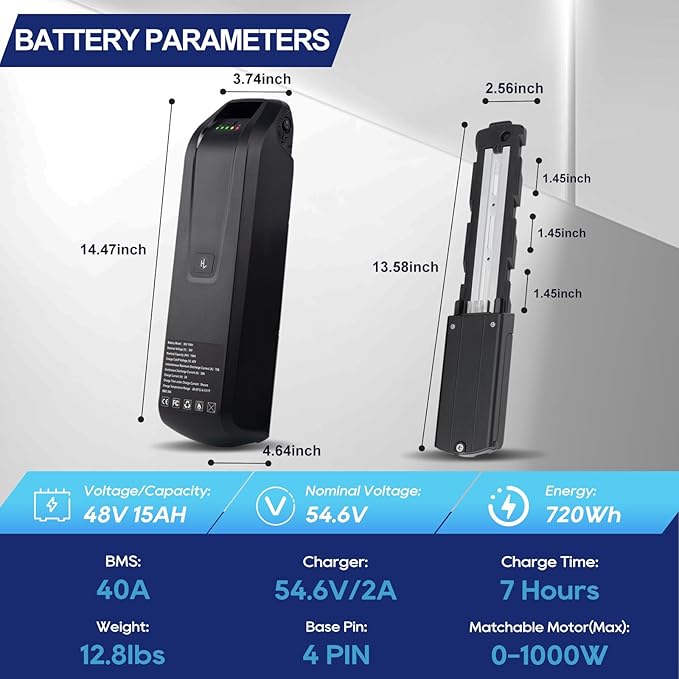 UAZ 36V 48V 52V Ebike Battery 4 Pin 10Ah 15Ah 20Ah Electric Bike Battery with 40A BMS Safe Lock, Led Indicator Light, for 200-1500W Motor Tricycle, Mountain Bicycle Batteries (48V15AH-4PIN)
