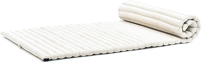 Leewadee - Foldable Floor Mattress - Japanese Roll Up Futon -Trifold Tatami Mat- Guest Floor Bed - Camping Mattress - Thai Massage Mat, Kapok Filled, 75 x 28 inches, Ecru