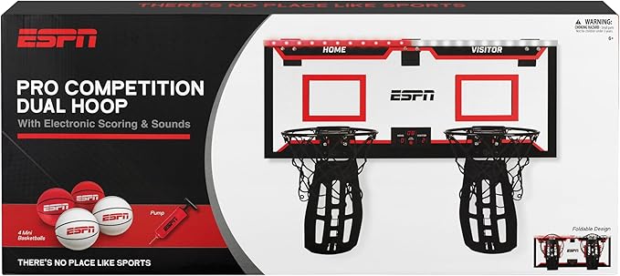 ESPN Mini Basketball Hoop, Over The Door Basketball Hoop with 2 Foldable Breakaway Rims and Ball Return for Two Player Games, Includes 4 Mini Basketballs and Pump