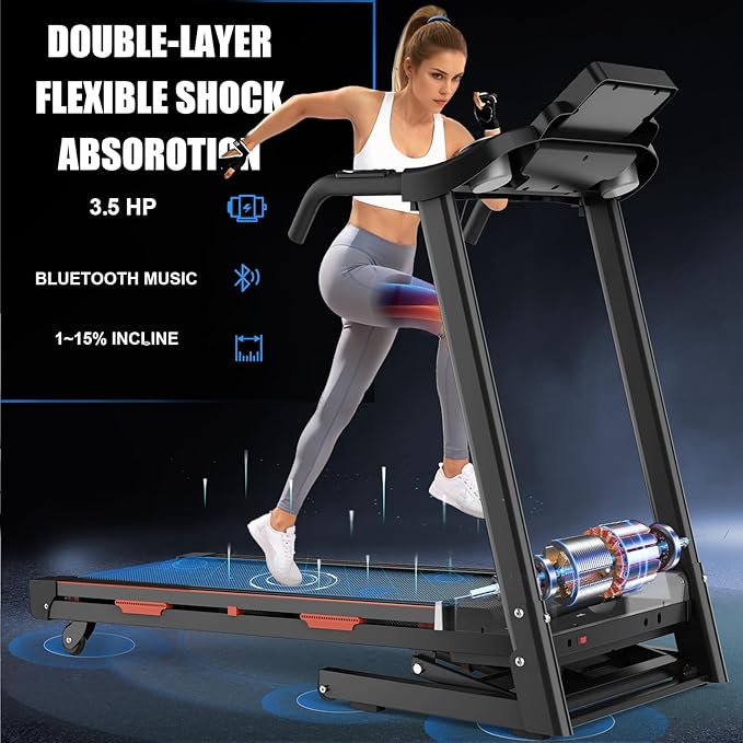 15% Auto Incline Treadmills 400LBS Capacity, 3.5 HP Heavy Duty Treadmill for Home, Walking Folding Treadmill, Running FoldableTreadmill Wide Belt, 0.5-8.5MPH, Bluetooth, APP