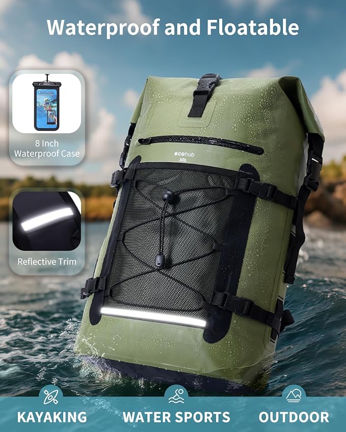 ECOHUB Waterproof Backpack for Women Men, 30L Roll-Top Closure Heavy Duty Dry Bag for Travel with IPX8 Waterproof Phone Case