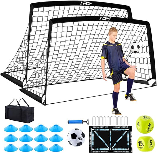 2 Pack Kids Soccer Goal for Backyard Set 9x5FT Portable Pop Up Soccer Net Training Equipment with Soccer Ball, Training Dice Mat, Cones and Carry Bag for Youth Toddler Teams Indoor Outdoor Sport Game