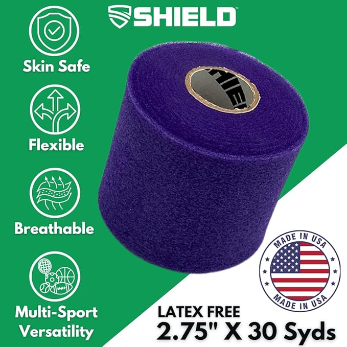 Shield Athletic Underwrap | Bulk Case of 48 Rolls of PreWrap, Hair Tie, Headband, USA Made, Pre-Wrap Athletic Tape, 2.75" X 30 SYards, Foam Barrier, Flexible, Breathable (Purple)