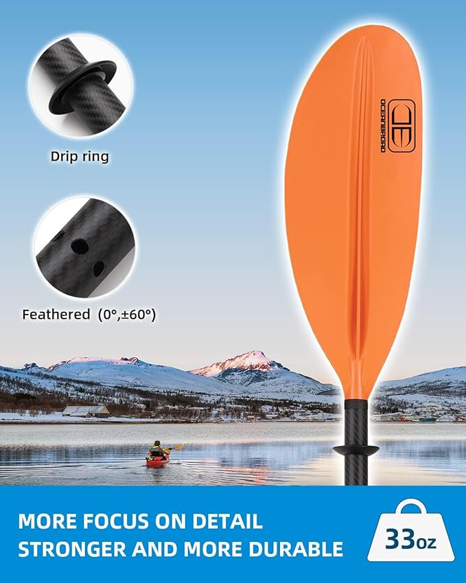 OCEANBROAD Carbon Fiber Kayak Paddle 90.5in/230cm, 86in/218cm for Adults Kayaking Boating Canoeing Oar with Paddle Leash