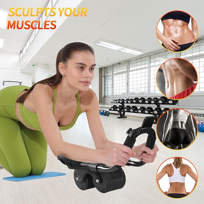 Ab Roller Wheel with Timer & Knee Mat, Home Workout Auto Rebound Abdominal Wheel with Elbow Support - Core Workout Equipment for Strengthening Abs, Home Gym Exercise for Women & Men
