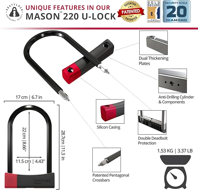 Seatylock Mason Bike U Lock - Patented Heavy Duty Anti Theft Diamond Secure ULock - Ultra Security Bicycle Safety Tool with Keys for City Electric or Mountain Bikes and Scooters
