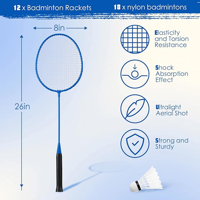 Wettarn 12 Pcs Badminton Rackets Bulk with 18 Nylon Badmintons, Shuttle Set for Adults Teenagers Youth Beginners Advanced Player Backyard Gym Beach Outdoor