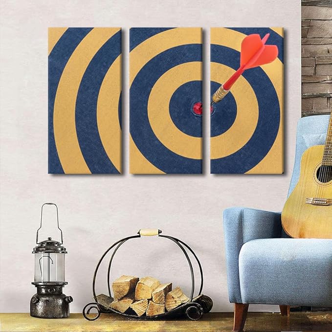 3 Piece Dart Board Paintings Black and White Wall Art Dart Hits the Bullseye Pictures Canvas Wall Art for Bedroom Wall Decor Living Room House Decor Stretched and Framed Ready to Hang(28"Wx42"H)
