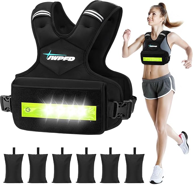 Adjustable Weighted Vest for Women Men, 6-15 Lbs Rucking Vest with LED Light Strips, Weight Vest with 6 Ironsand Weights, and Zipper Pocket for Strength Training, Walking, Running