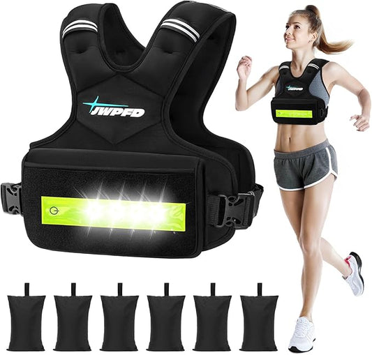 Adjustable Weighted Vest for Women Men, 6-15 Lbs Rucking Vest with LED Light Strips, Weight Vest with 6 Ironsand Weights, and Zipper Pocket for Strength Training, Walking, Running