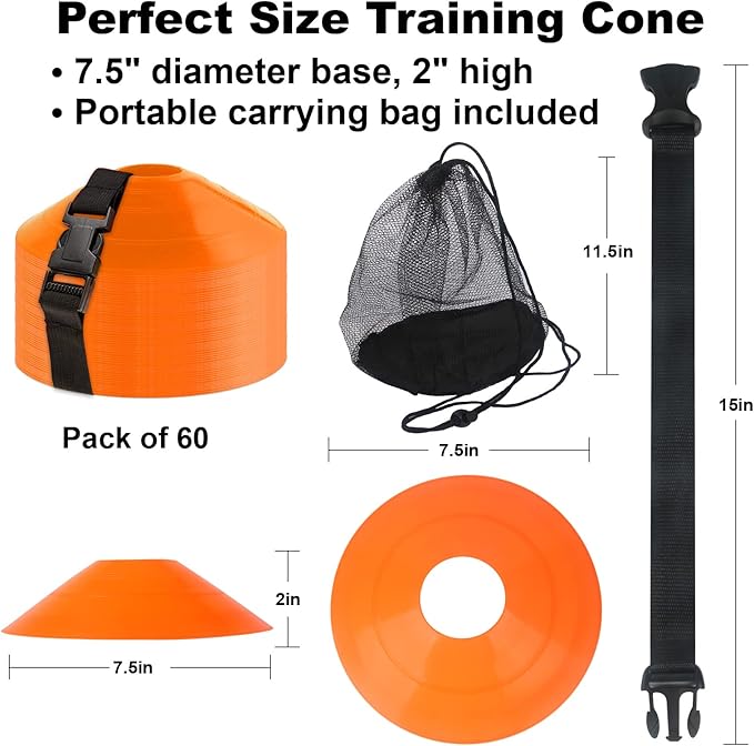 60PCS Soccer Cones with Strap Carry Bag Agility Disc Cones Soccer Training Cones, Field Marker Sport Training Cones for Challenge Football Basketball Skating Kids Games Outdoor Indoor