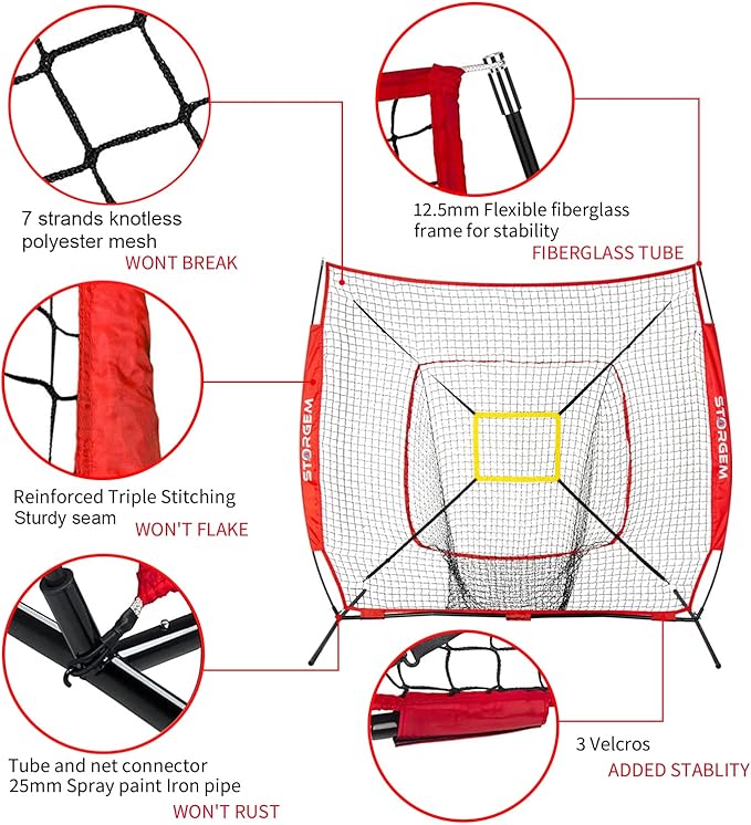 Storgem Baseball and Softball Practice Net 7×7ft Portable Hitting Pitching Batting Training Net Baseball Backstop Net with Batting Tee and Strike Zone and Bow Frame