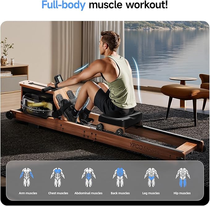 Water Rowing Machine for Home, Foldable Rower Machines with Comfortable Seat and Quick-Folding Design, Wooden Water Rower with 350LBS Weight Capacity