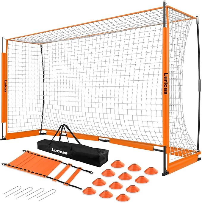 Collapsible Soccer Goal, 12×6 ft /6×4 ft Portable Soccer Goal Net for Backyard, Quick Setup Soccer Goals with 1 Carry Bag, 1 Agility Ladder, 4 Ground Nails,12 Training Cones