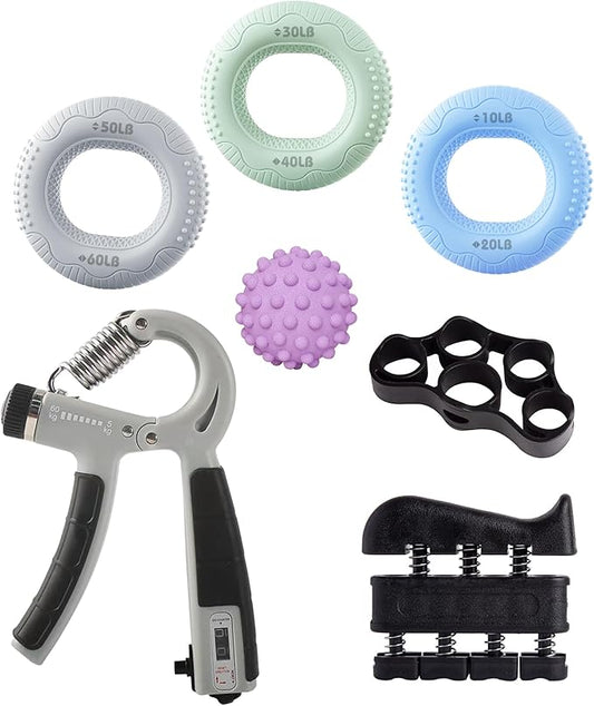 7 PCS Grip Strength Trainer Kit, Hand Gripper Strengthener, Forearm Strengthener, Finger Strengthener, Finger Exerciser, Massage ball, Forearm Workout Ring for Muscle Building and Injury Recover