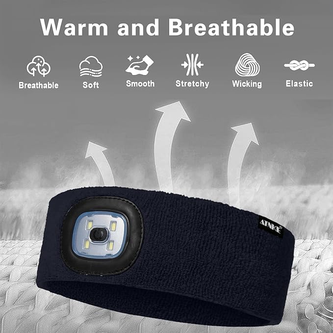 ATNKE 4 LED Lighted Sport Sweatband,USB Rechargeable Running Head Band Lamp High Stretch Wicking Gifts for Men and Women