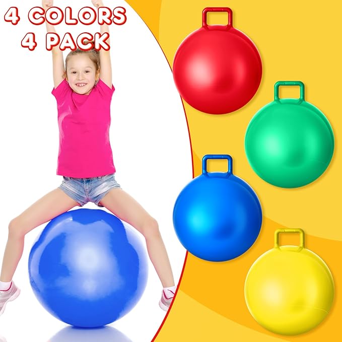 Lewtemi 4 Pcs 22 Inch Hopper Ball Carnival Outdoor Games Jumping Hopping Inflatable Bouncing Ball with Handle and Air Pump for Kids Adult Sport Exercise