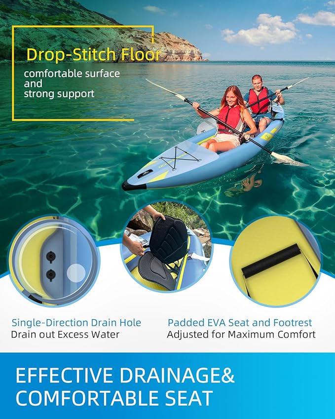 OCEANBROAD Inflatable Sit-in Kayak, 1 Person/2 Person Blow Up Kayak for Adults with Paddle, Kayak Seat, Pedal, Hand Pump and Bag, Blue/Sky Blue