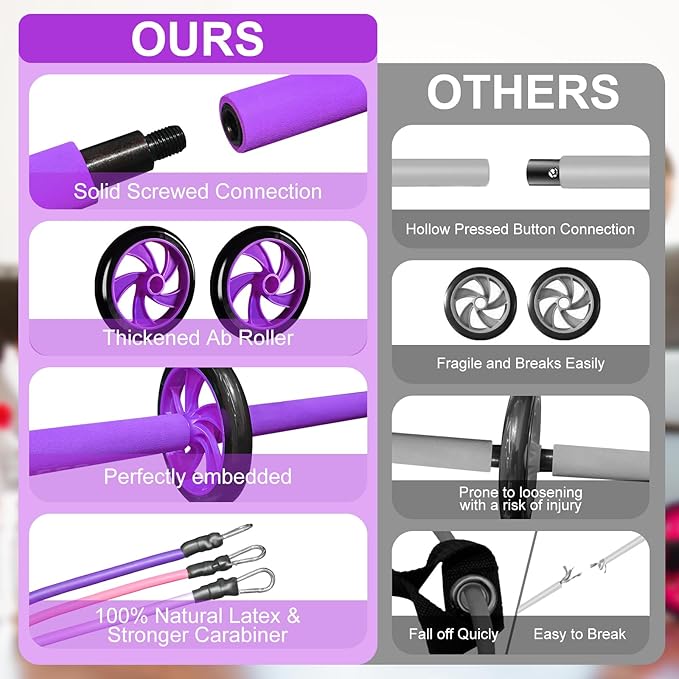 Pilates Bar Kit with Resistance Bands for Working Out, Pilates Equipment with Ab Roller for All Fitness Levels, Portable Home Gym Full Body Workout Equipment for Women&Men